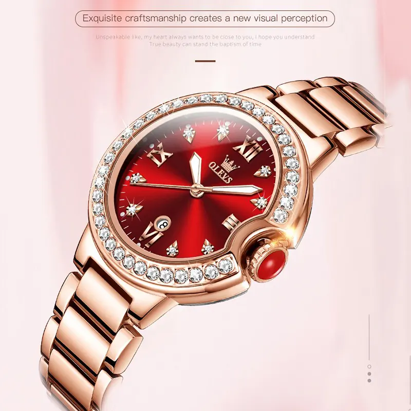 Olevs Red Dial Rose Gold-tone Ladies Watch | 5518